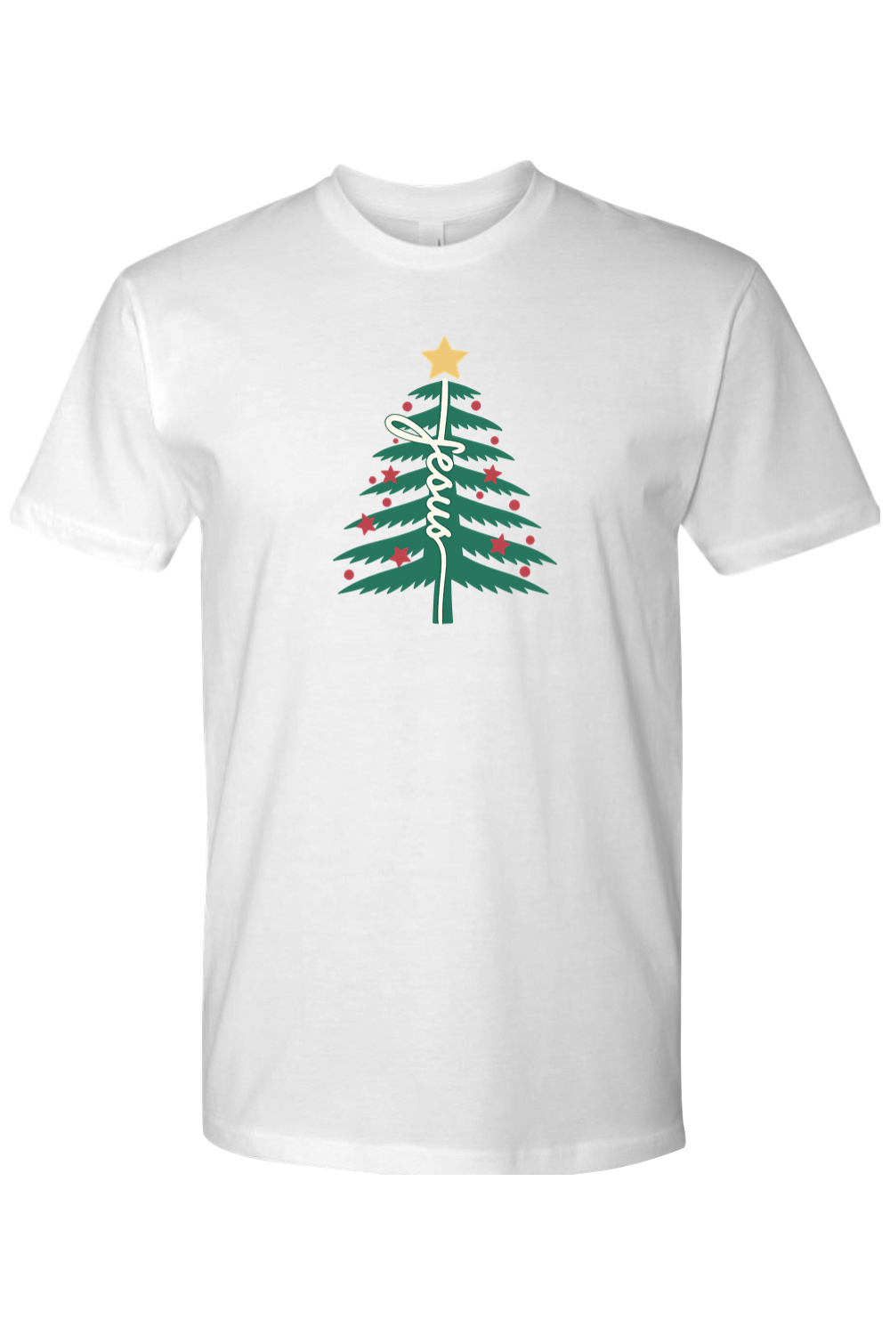 White Christmas t-shirt with "Jesus" text in a Christmas tree design festive religious God Christian holiday short sleeve shirt