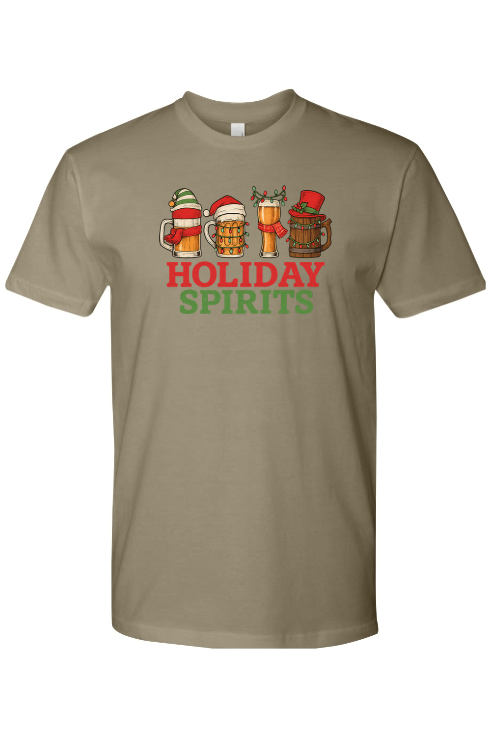 Olive green funny Christmas beer t-shirt text Holiday Spirits with beer mug design 