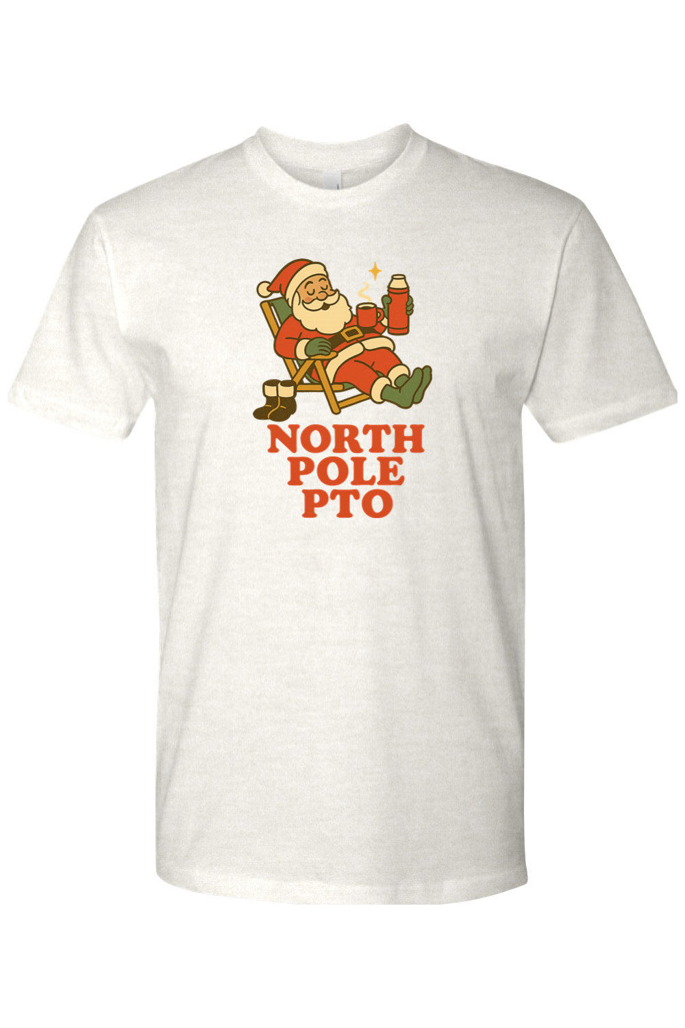 Light cream vintage Christmas t-shirt with "North Pole PTO" text and Santa relaxing on a reclining chair with hot cocoa design funny holiday humor short sleeve shirt