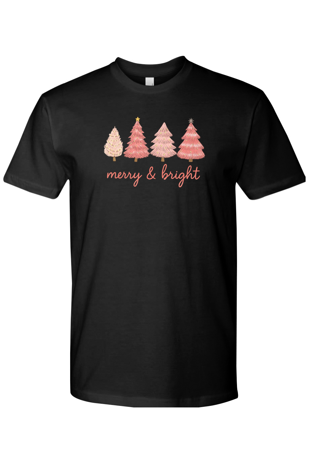 Black Christmas t-shirt with "Merry & Bright" in pink and four pink Christmas trees designs cute girly trendy holiday short sleeve shirt