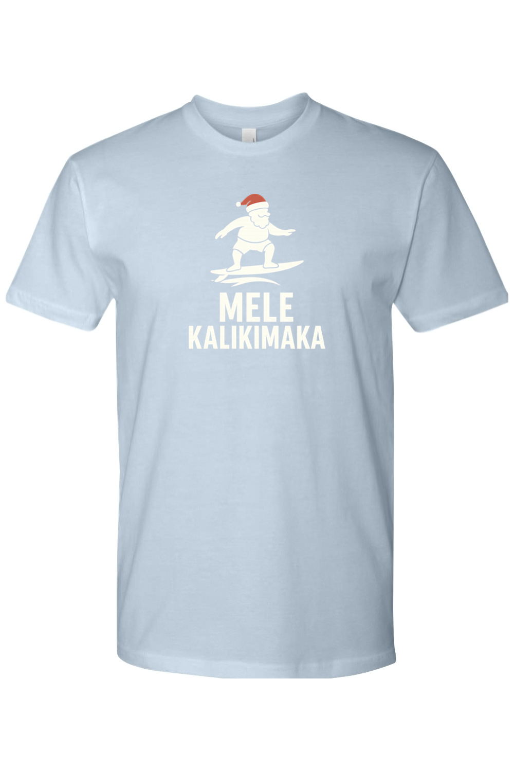 Light blue Christmas t-shirt with Santa surfing and "Mele Kalikimaka" text funny Hawaiian Christmas surf holiday short sleeve shirt