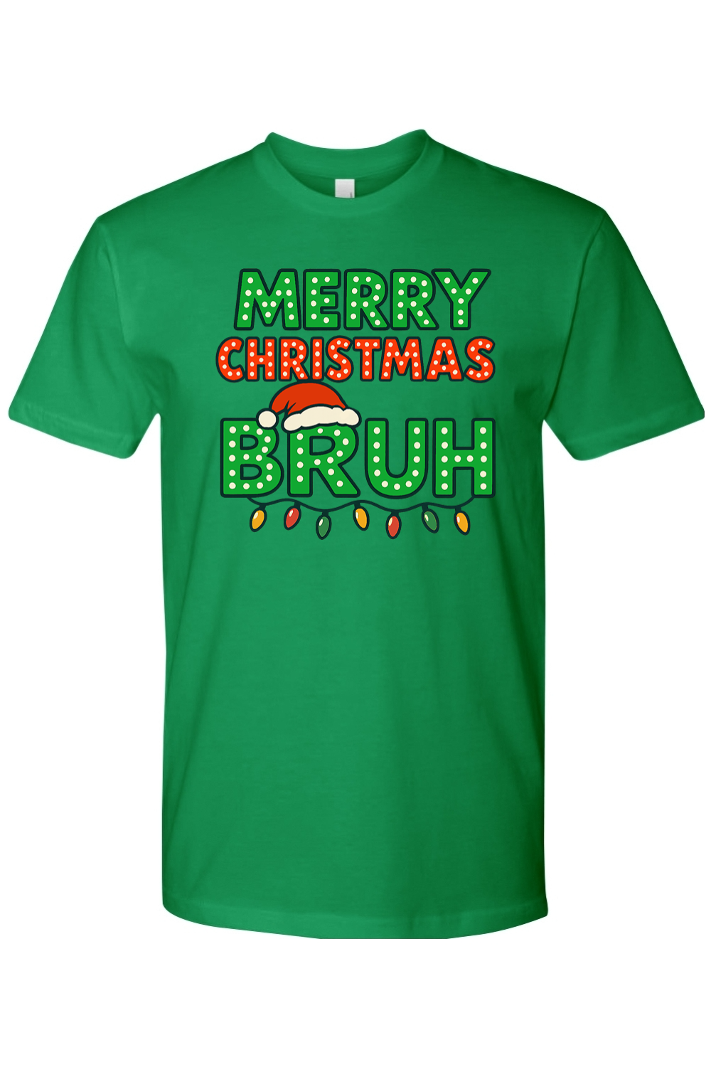 Green Christmas t-shirt with "Merry Christmas Bruh" text with a Santa hat and Christmas lights design funny holiday humor short sleeve shirt