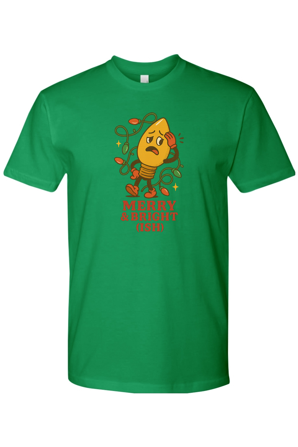 Green vintage Christmas t-shirt with "Merry & Bright (Ish)" text in red with a worried Christmas tree light bulb design funny sarcastic holiday humor short sleeve shirt
