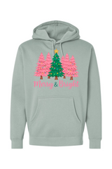 Light green Christmas hoodie with pink and green Christmas trees design with text 