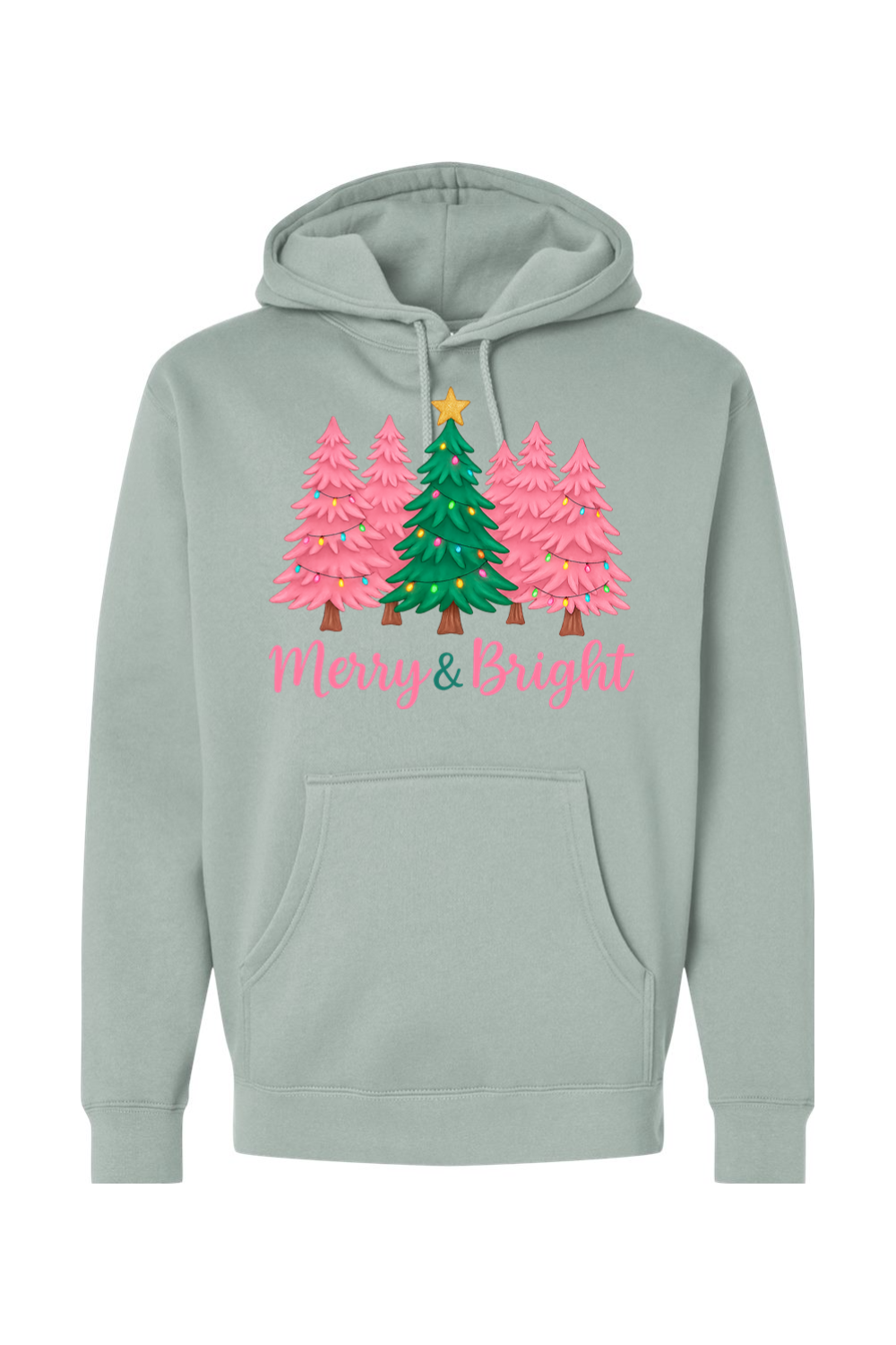 Light green Christmas hoodie with pink and green Christmas trees design with text "Merry & Bright" cute trendy festive holiday long sleeve hooded sweatshirt