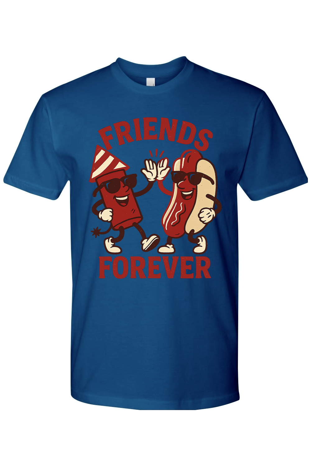 Blue t-shirt with 'Friends Forever' graphic design featuring hot dogs high fiving each other.