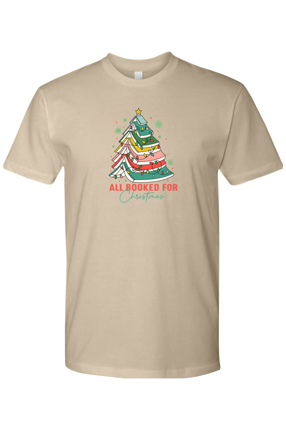 Dark beige Christmas t-shirt with "All Booked For Christmas" text and a Christmas tree made out of books design cute trendy book lover librarian festive holiday short sleeve shirt