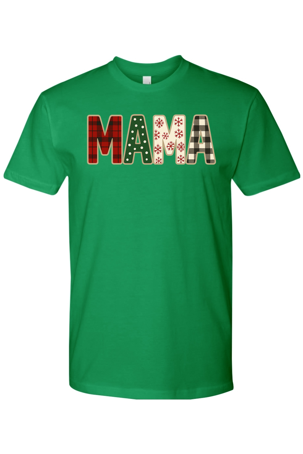 Green Christmas t-shirt with "MAMA" text with plaid, polka dots, and snowflakes pattern inside lettering cute trendy mom holiday short sleeve shirt