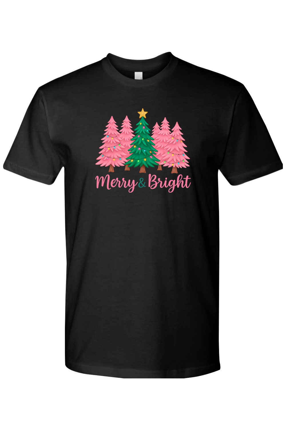 Black Christmas t-shirt with pink and green Christmas trees design with text "Merry & Bright" cute trendy festive holiday short sleeve shirt