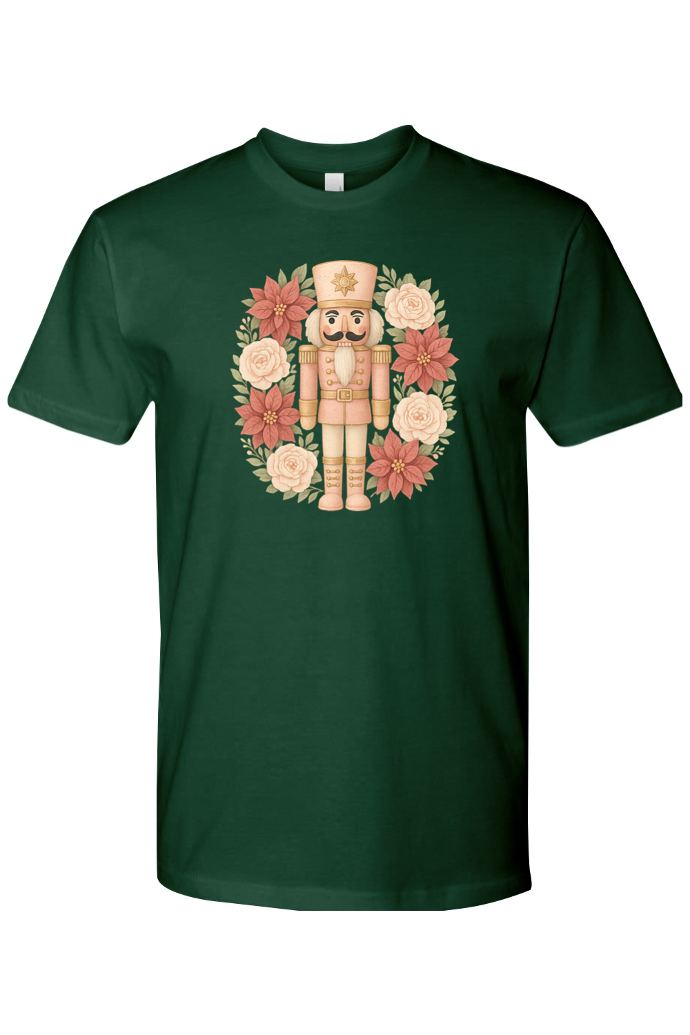 Dark green Christmas t-shirt with a poinsettia nutcracker wreath design trendy cute holiday short sleeve shirt