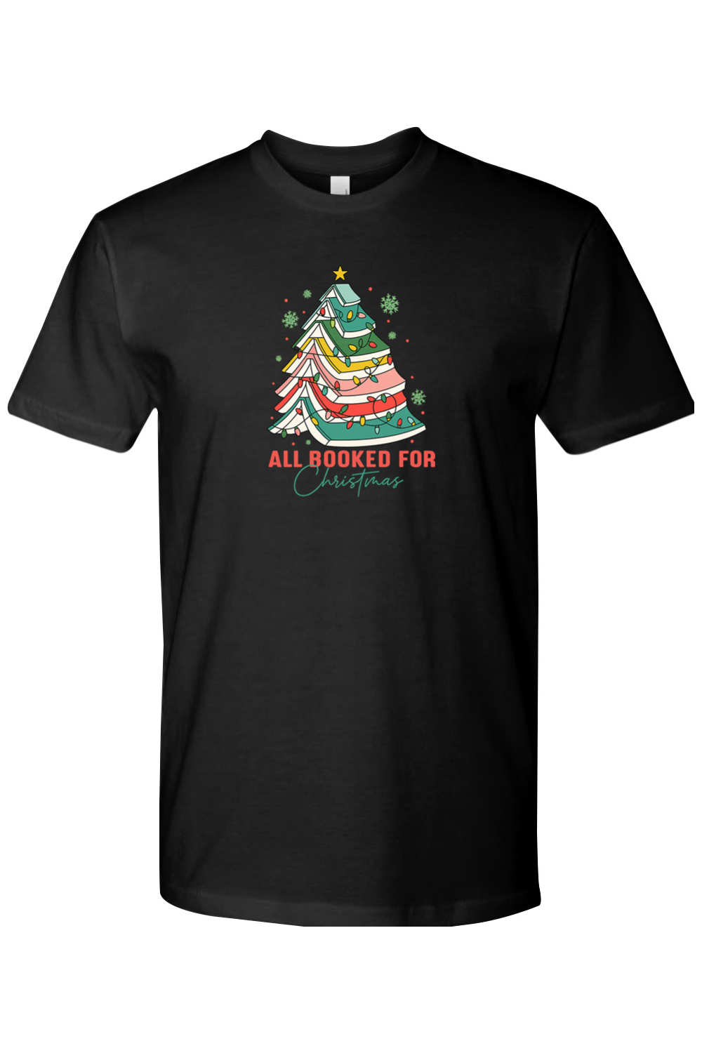 Black Christmas t-shirt with "All Booked For Christmas" text and a Christmas tree made out of books design cute trendy book lover librarian festive holiday short sleeve shirt
