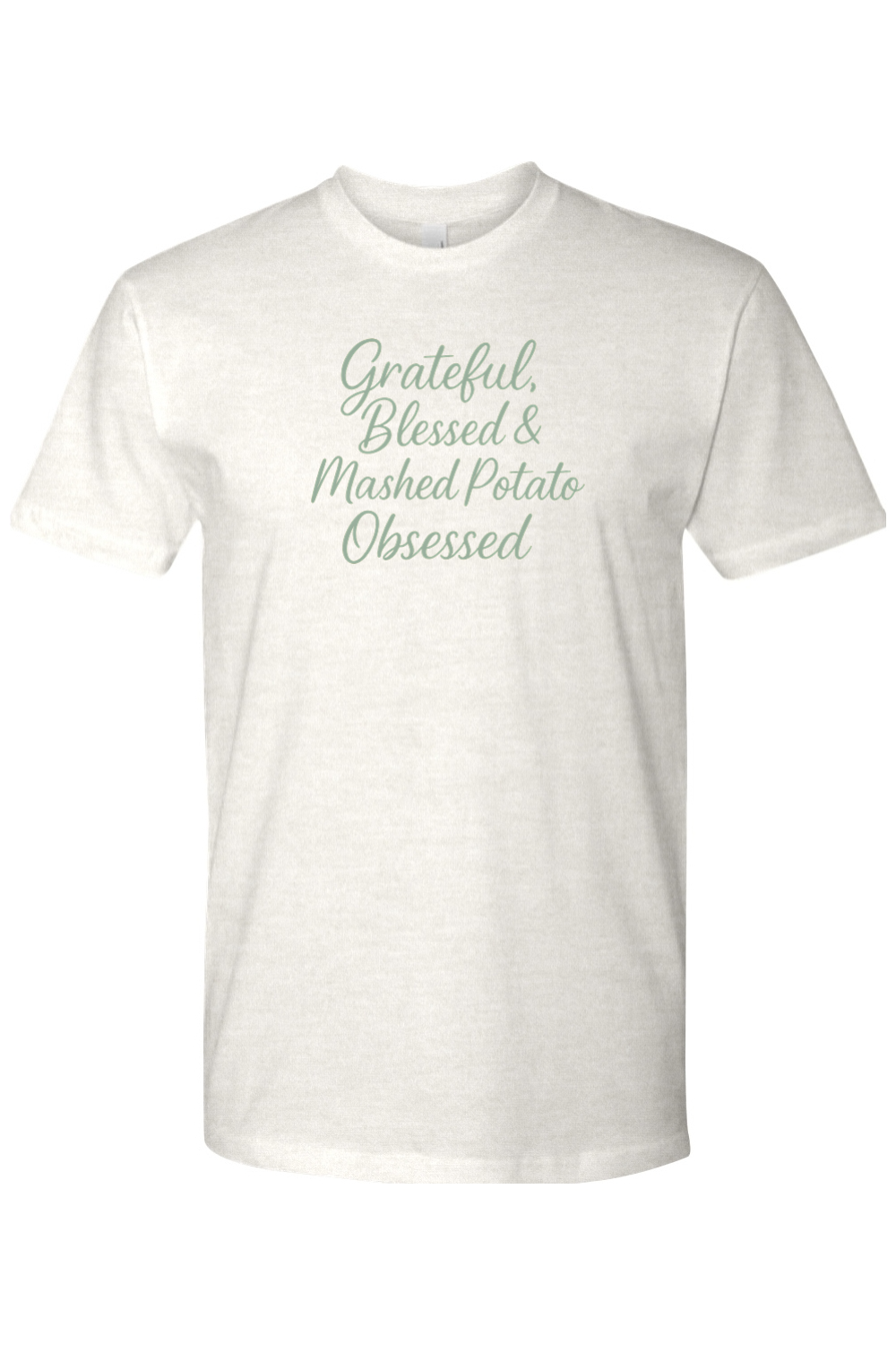 Light cream Thanksgiving t-shirt with "Grateful, Blessed, & Mashed Potato Obsessed" text funny humor fall holiday short sleeve shirt