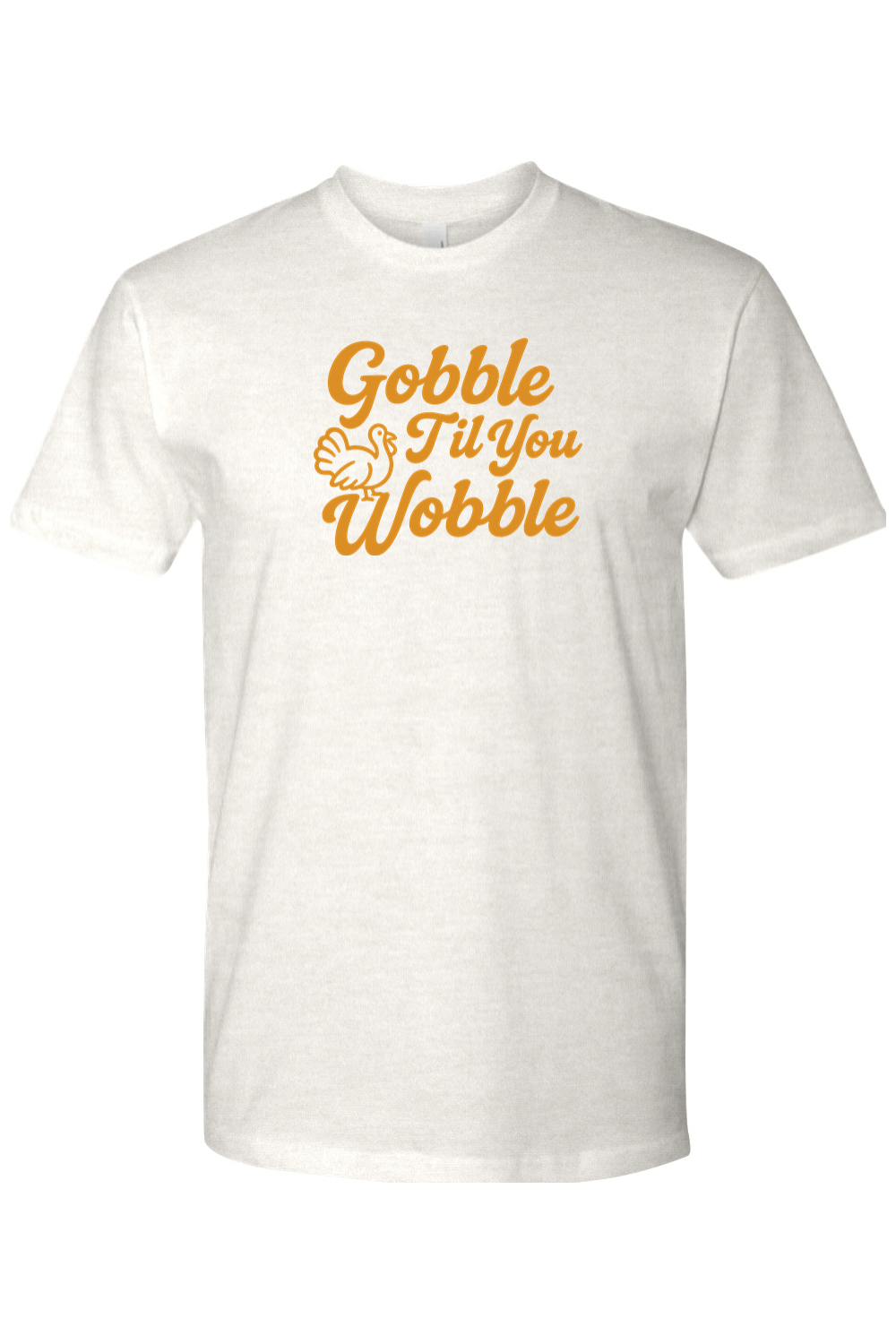Light cream Thanksgiving t-shirt with "Gobble Til You Wobble" text and a turkey design funny trendy fall holiday short sleeve shirt