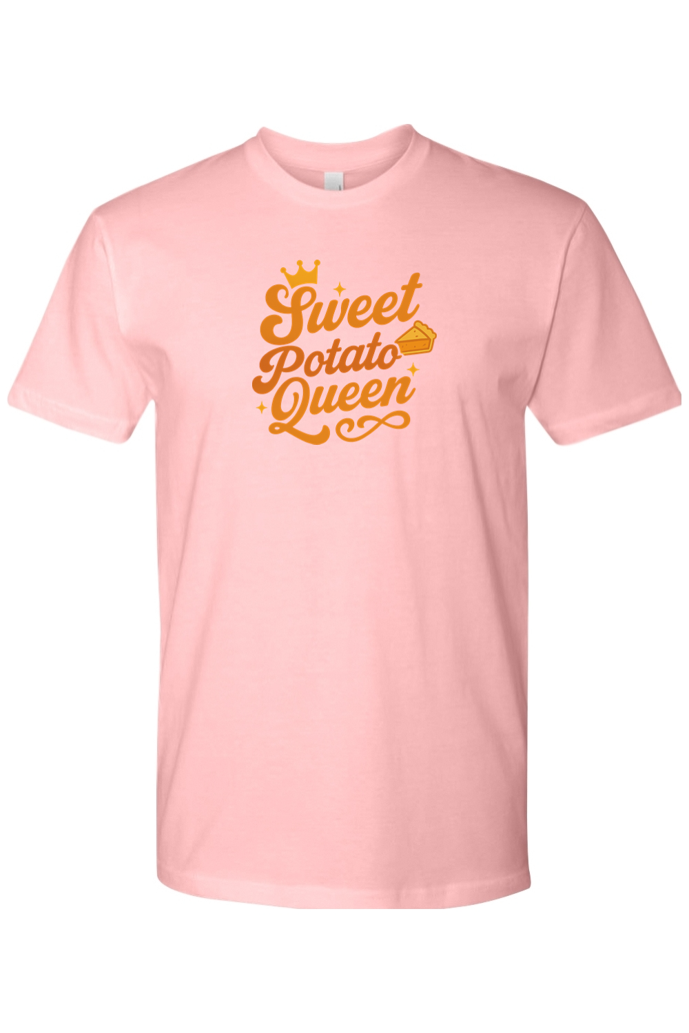 Light pink Thanksgiving t-shirt with Sweet Potato Queen" text with a crown and pie slice design cute girly southern trendy fall holiday short sleeve shirt