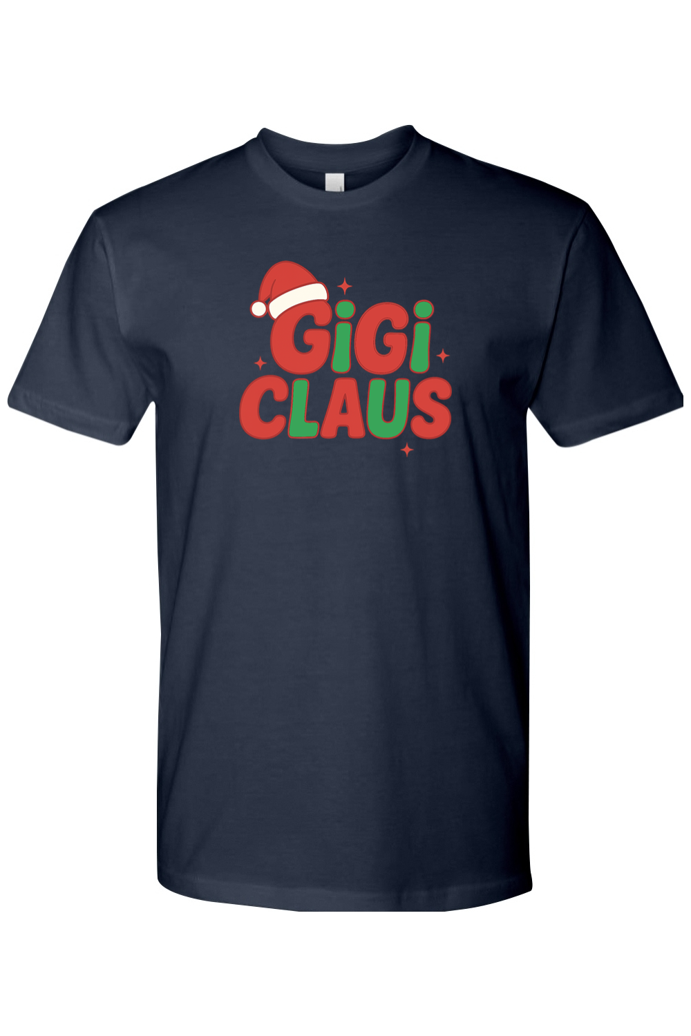 Navy blue Christmas t-shirt with "Gigi Claus" text in green and red with a Santa hat sitting on the G cute grandma grandparent holiday short sleeve shirt