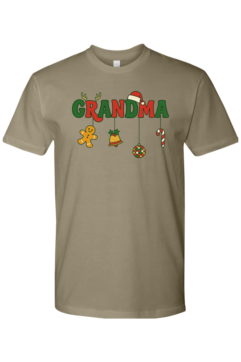 Olive green Christmas t-shirt with "Grandma" text with gingerbread, bell, disco ball, and candy cane ornaments hanging off the letters cute festive grandma grandmother holiday short sleeves shirt