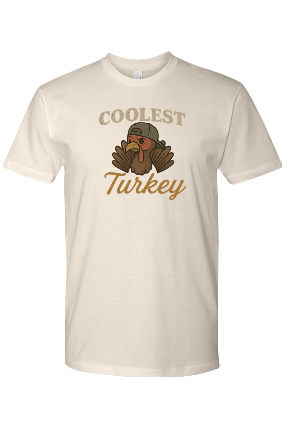 Cream beige Thanksgiving t-shirt with "Coolest Turkey" text with a turkey in a backwards hat design cool funny fall holiday short sleeve shirt