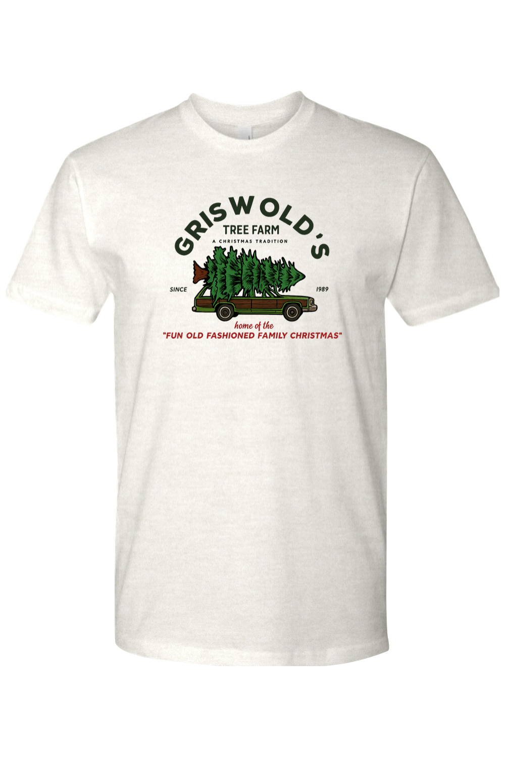 Light cream Christmas t-shirt with "Griswold's Tree Farm A Christmas Tradition Since 1989 Home of the Fun Old Fashioned Family Christmas" text with a Christmas tree strapped onto a car design cool festive holiday short sleeve shirt