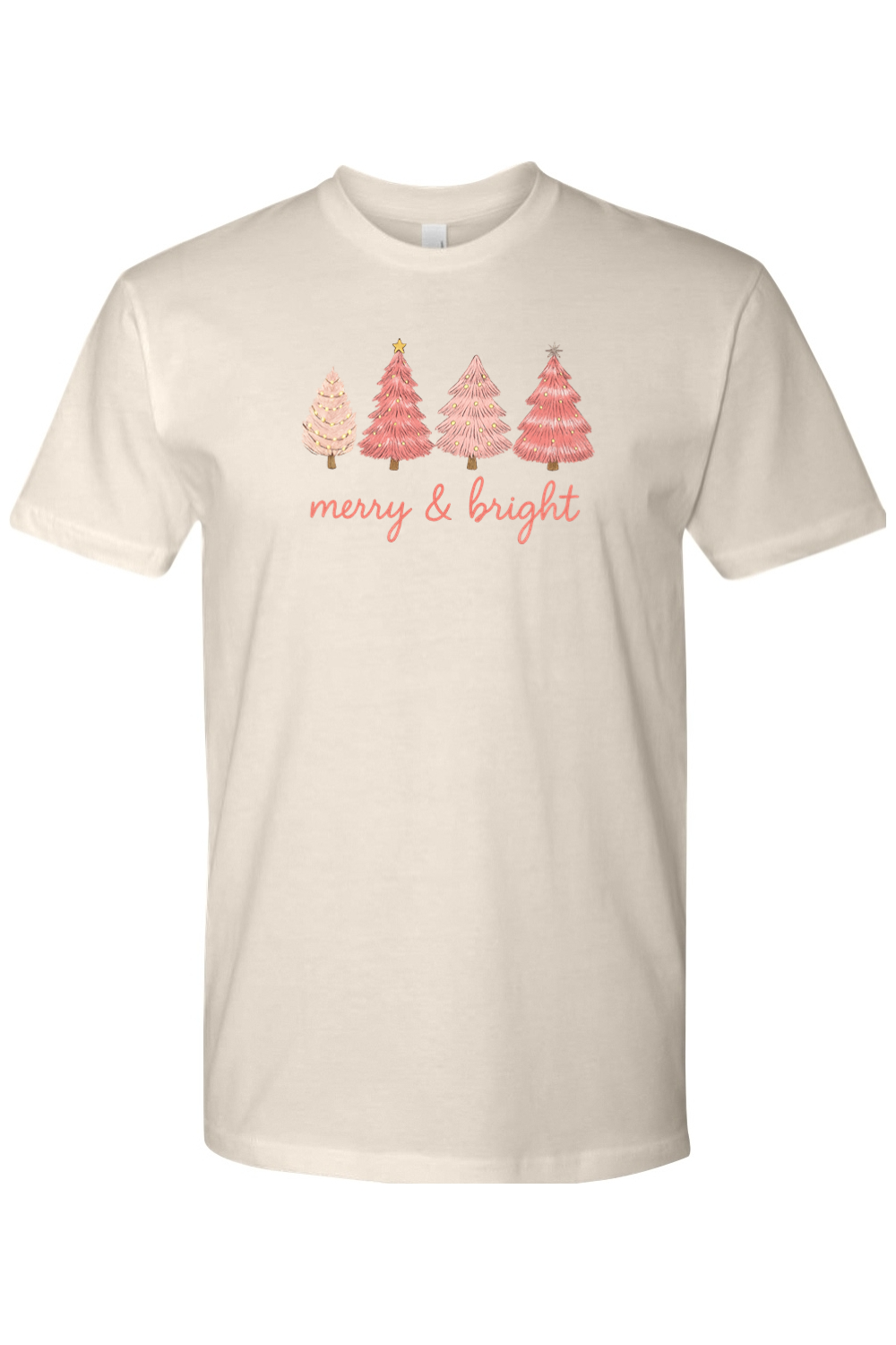 Cream Christmas t-shirt with "Merry & Bright" in pink and four pink Christmas trees designs cute girly trendy holiday short sleeve shirt