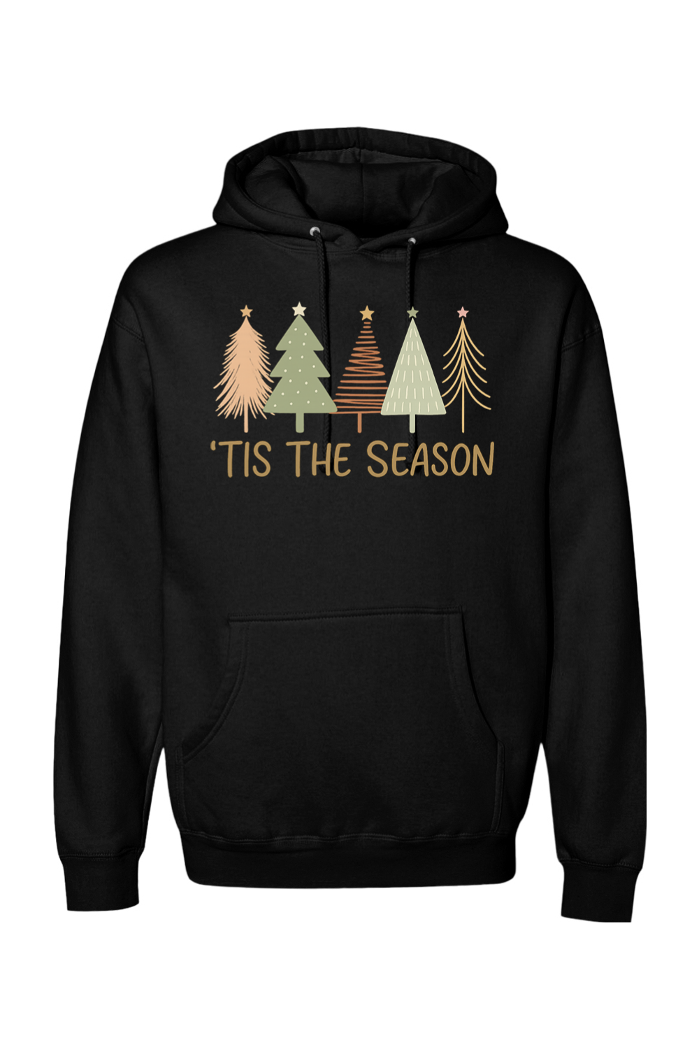 Black Christmas hoodie with "'Tis the Season" text and pastel colored Christmas trees design cute trendy festive holiday long sleeve hooded sweatshirt