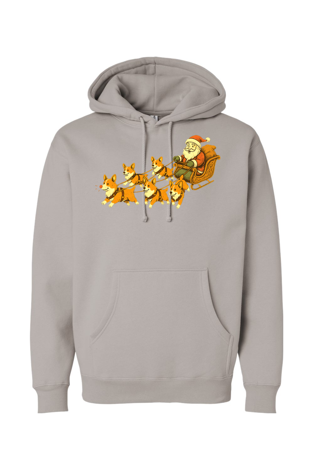 Gray Christmas hoodie with Santa on a sleigh with corgi dogs pulling it cute funny holiday long sleeve hooded sweatshirt