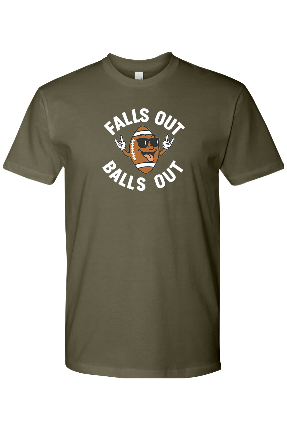 Olive green Thanksgiving t-shirt with "Falls Out Balls Out" text in white with a football in sunglasses sticking out his tongue and hands in the rock pose design funny fall humor holiday short sleeve shirt