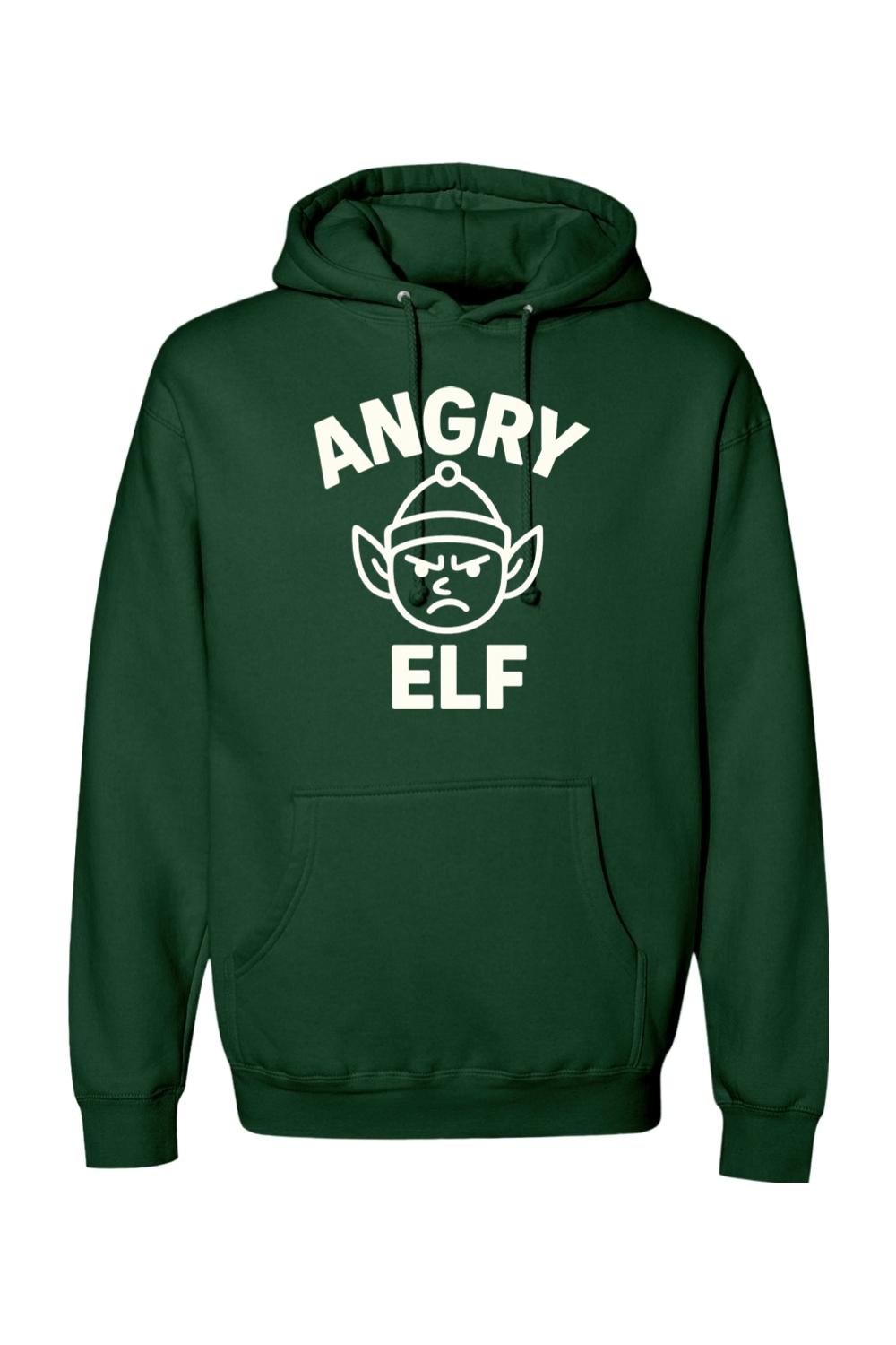 Green Christmas hoodie with "Angry Elf' in white text with a minimal angry elf design funny sarcastic humor holiday long sleeve hooded sweatshirt