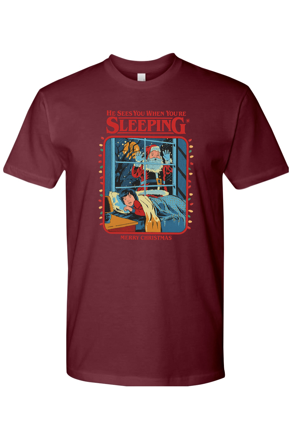 Maroon Christmas t-shirt with "He Sees You When You're Sleeping. Merry Christmas" text with Santa peaking through a window design funny sarcastic holiday humor short sleeve shirt