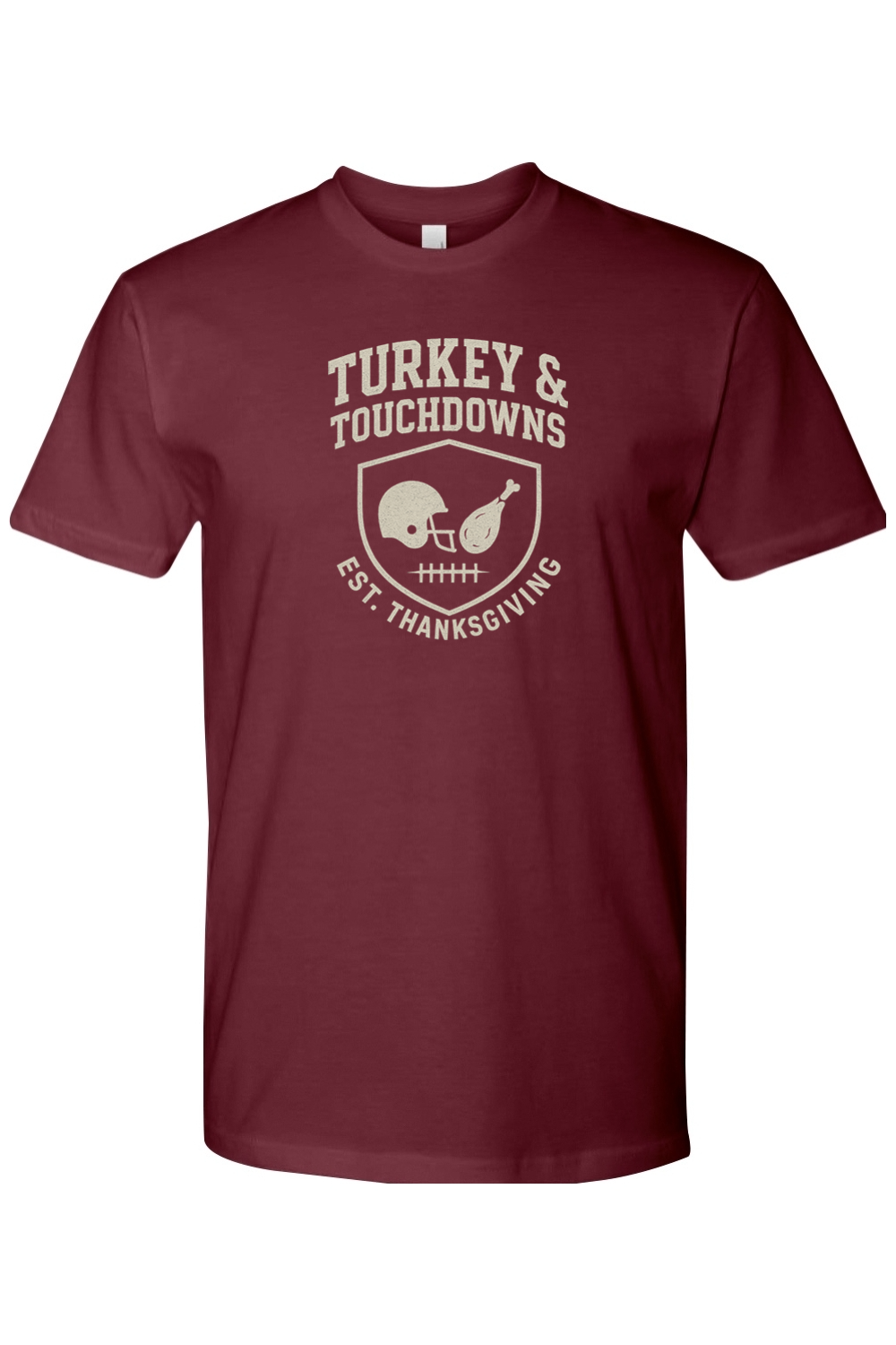 Maroon Thanksgiving T-shirt with "Turkey & Touchdowns EST. Thanksgiving" text with a football helmet and turkey leg shield design cool fall holiday short sleeve shirt
