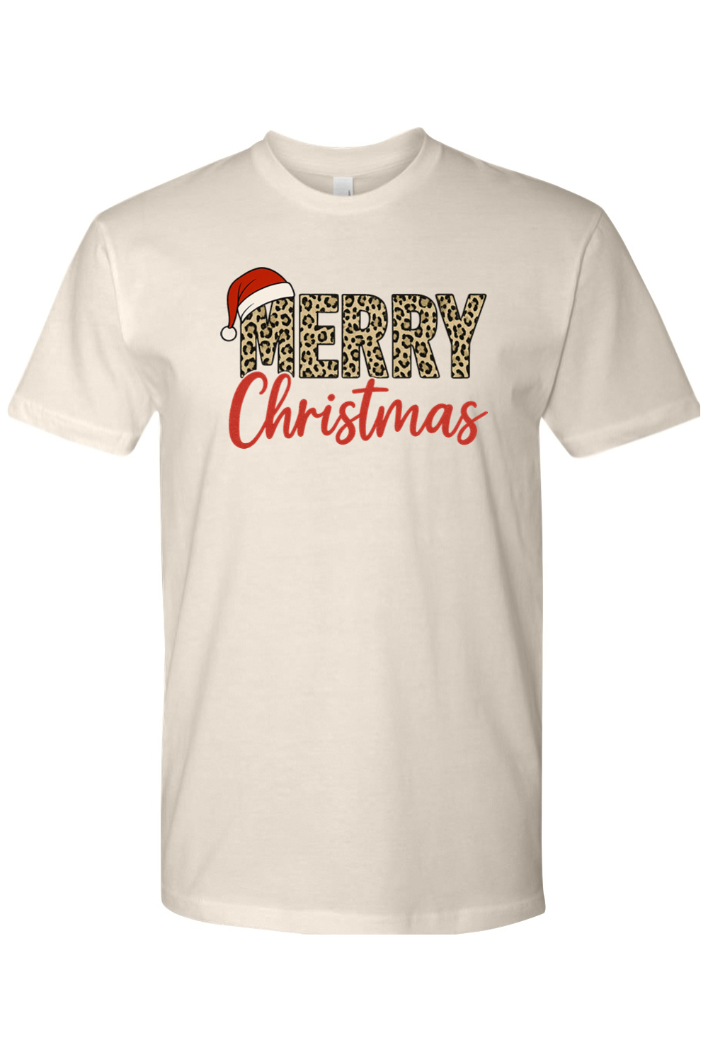 Beige cream Christmas t-shirt with "Merry Christmas" text in leopard print and red with a Santa hat design cute trendy festive holiday short sleeve shirt