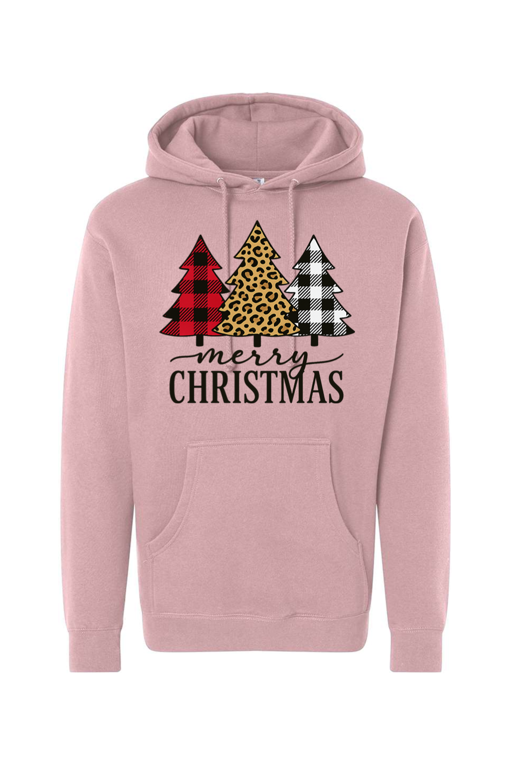 Pink Christmas hoodie with "Merry Christmas" text and a buffalo plaid, leopard print, and black and white plaid Christmas trees cute trendy festive holiday long sleeve hooded sweatshirt