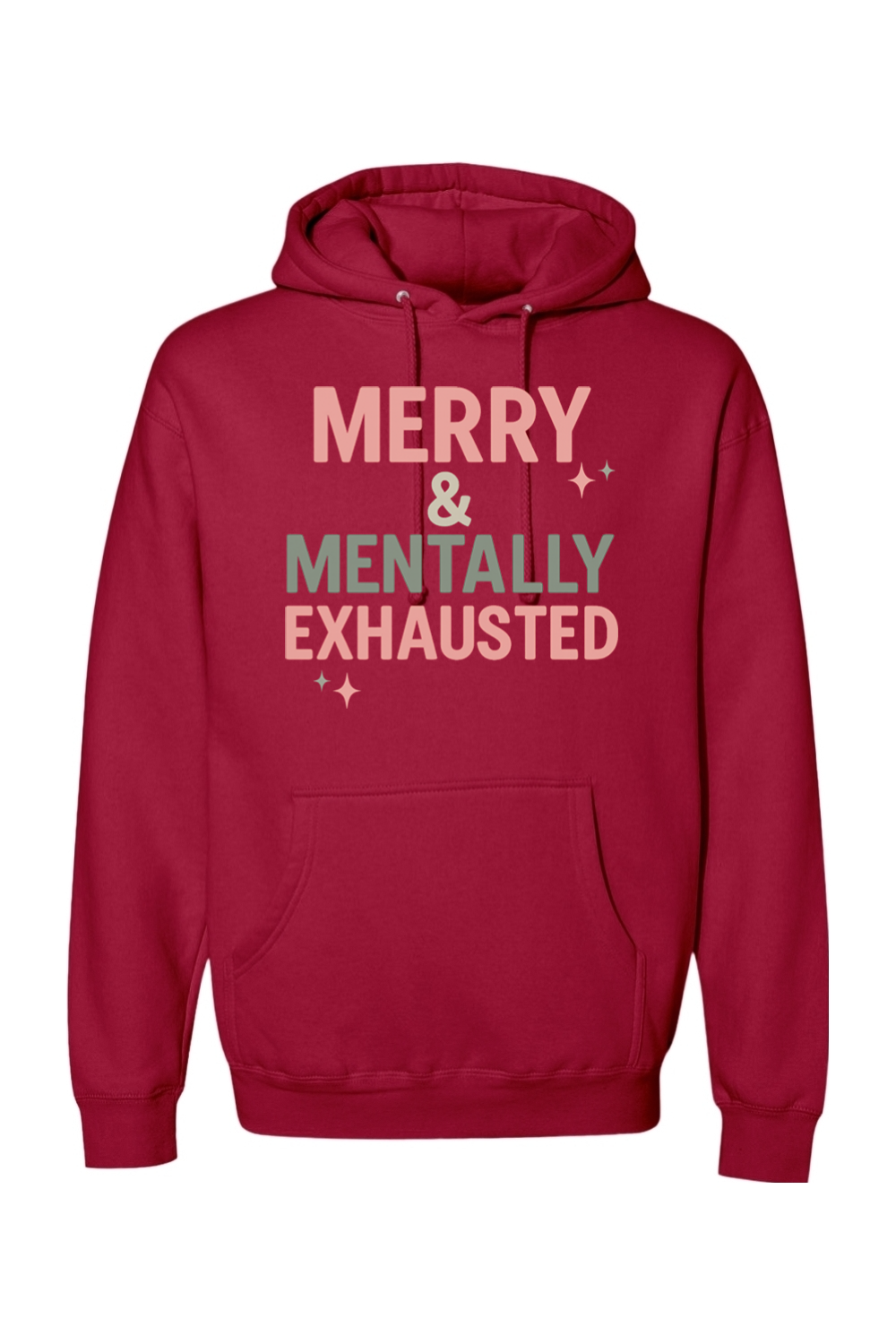 Red Christmas hoodie with "Merry & Mentally Exhausted" text with stars design funny sarcastic holiday humor long sleeve hooded sweatshirt