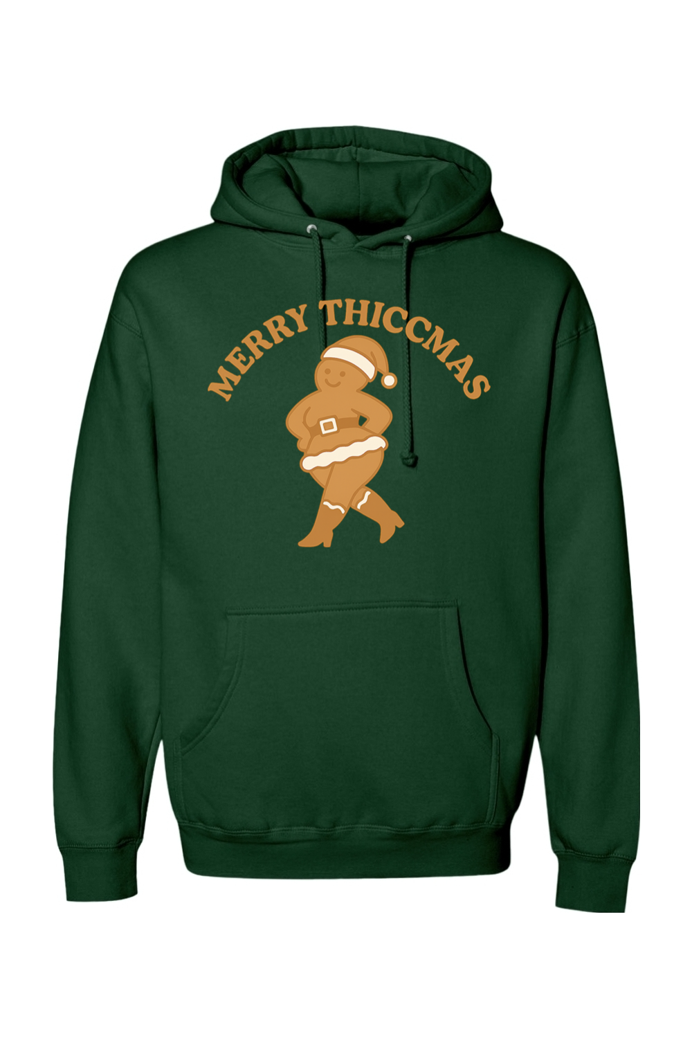 Dark green Christmas hoodie with "Merry Thiccmas" text and a curvy gingerbread woman design funny humor edgy holiday festive long sleeve hooded sweatshirt