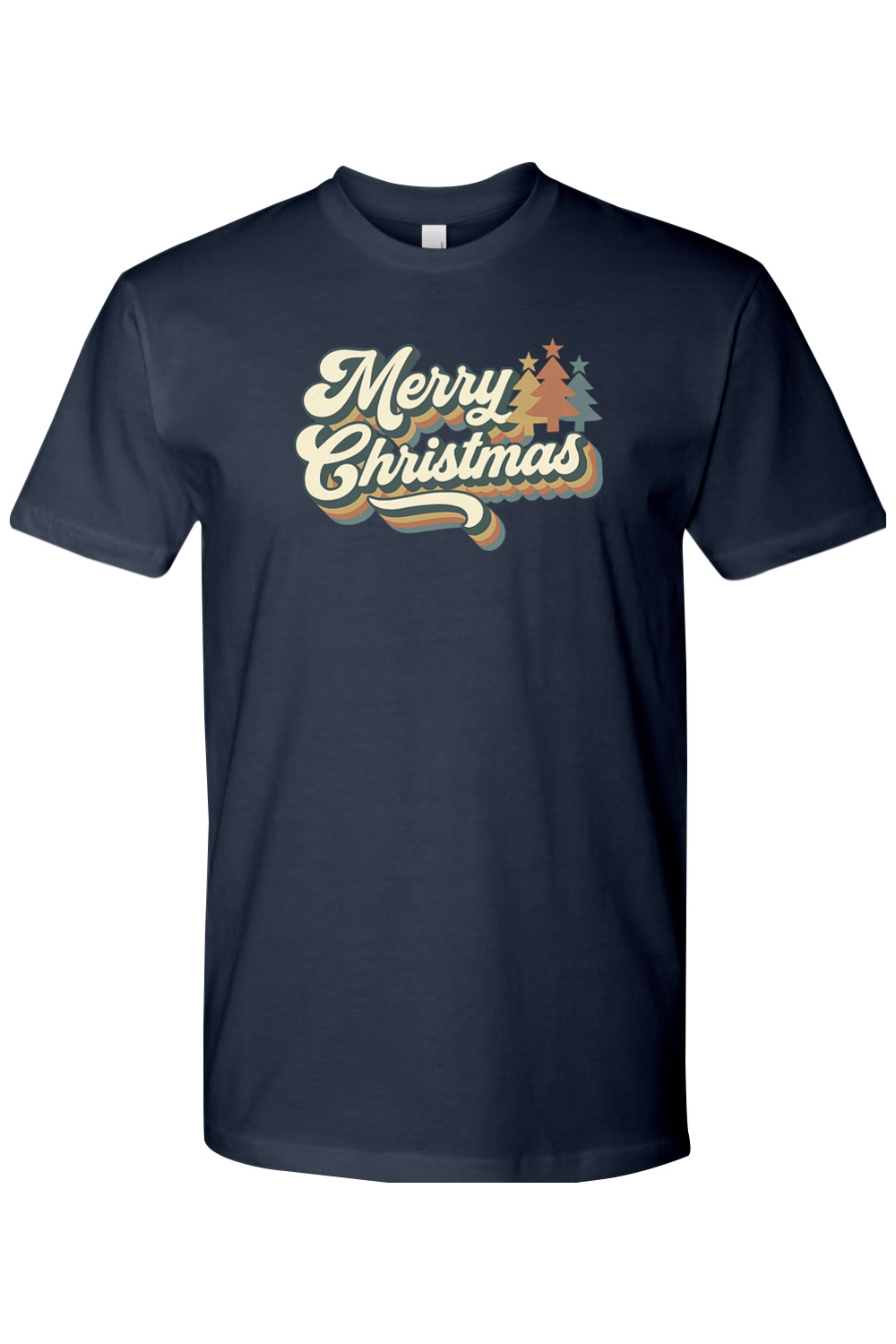 Navy blue Christmas t-shirt with "Merry Christmas" text in retro bubble font and Christmas trees design cute trendy festive holiday short sleeve shirt