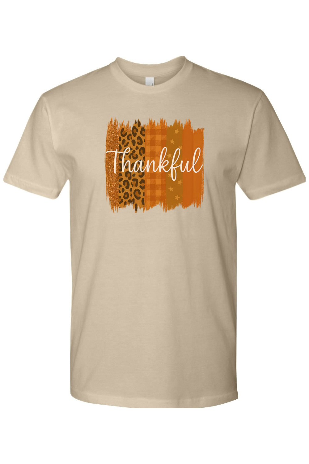 Dark sand beige Thanksgiving t-shirt with "Thankful" text and patchwork leopard print, plaid, stars design trendy cute girly fall holiday short sleeve shirt