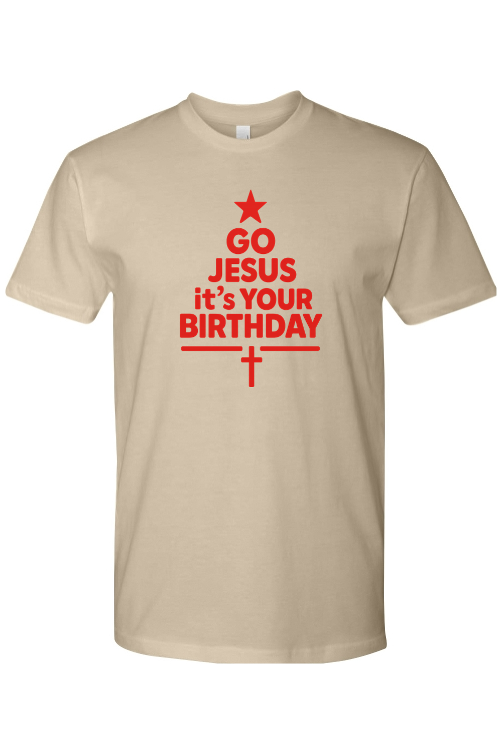 Dark beige Christmas t-shirt with "Go Jesus It's Your Birthday" text in red with a star and cross all made into a Christmas tree design religious Christian God funny holiday short sleeve shirt