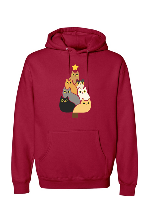Red Christmas hoodie with a Christmas tree made out of cats design cute funny animal pet festive holiday long sleeve hooded sweatshirt