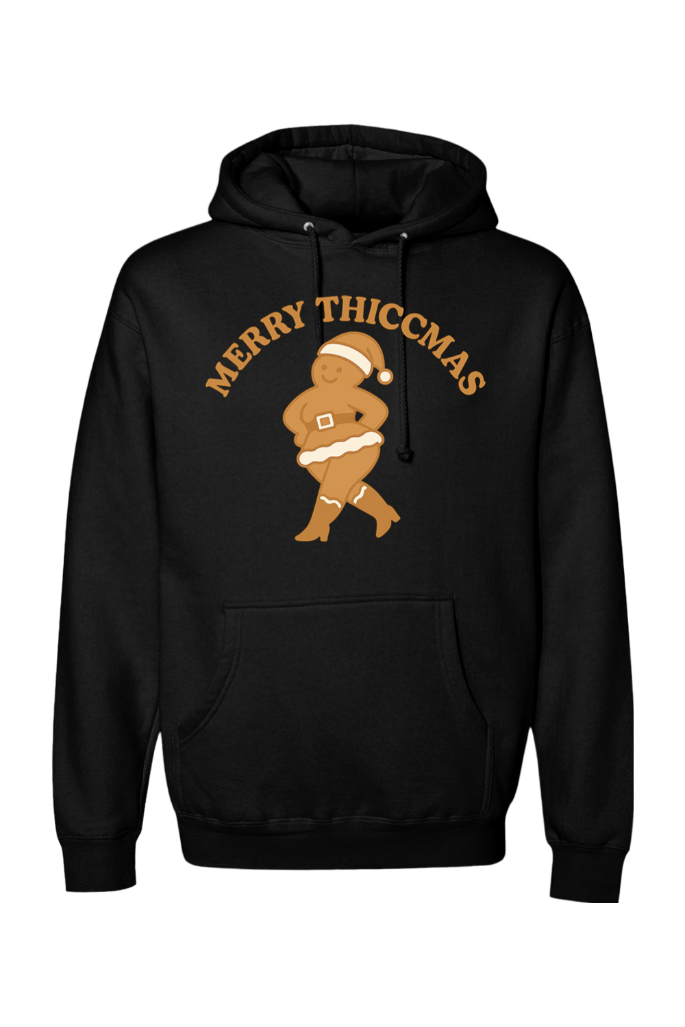 Black Christmas hoodie with "Merry Thiccmas" text and a curvy gingerbread woman design funny humor edgy holiday festive long sleeve hooded sweatshirt