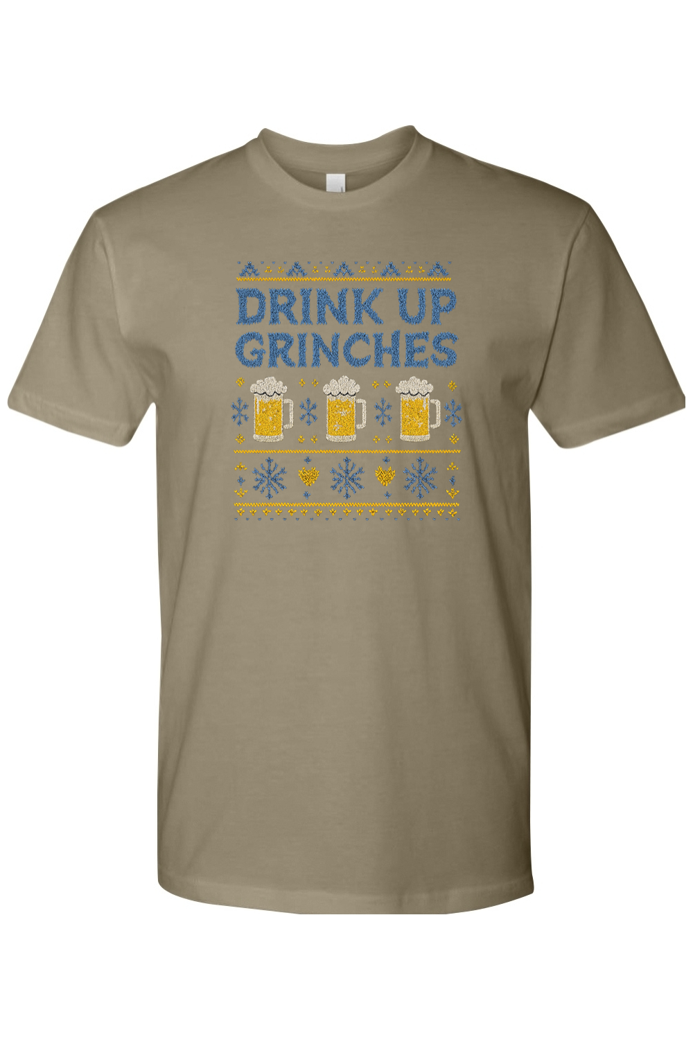 Olive green Christmas t-shirt with "Drink Up Grinches" text with sweater pattern look with beer and snowflakes design funny holiday humor short sleeve shirt