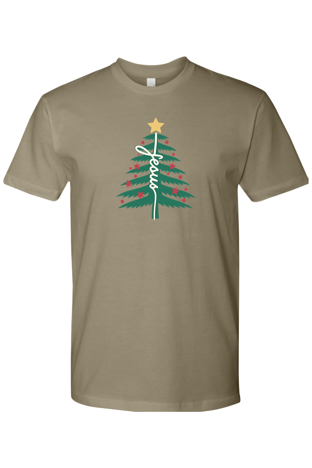 Olive green Christmas t-shirt with "Jesus" text in a Christmas tree design festive religious God Christian holiday short sleeve shirt