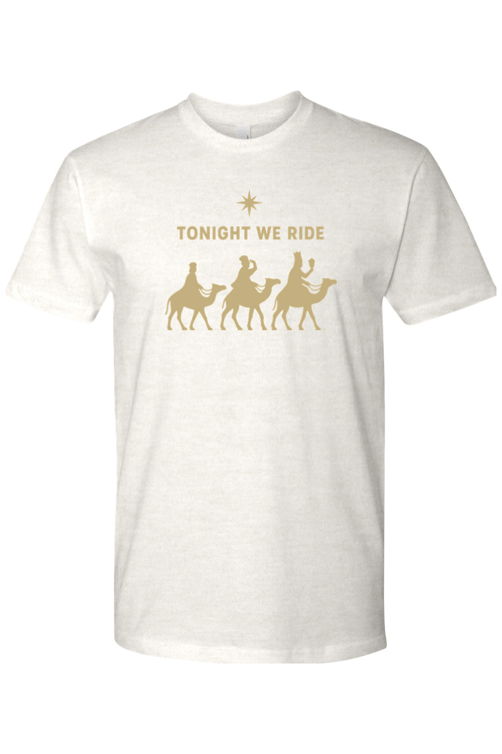 Light cream religious Christmas t-shirt with "Tonight We Ride" text and three wise men riding camels and a star design Jesus God Christian holiday short sleeve shirt