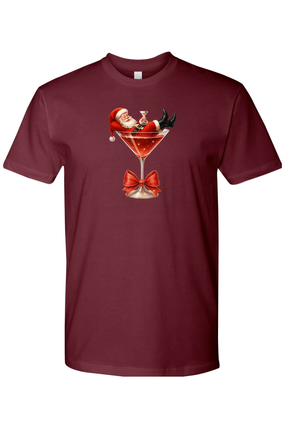 Maroon Christmas t-shirt with Santa sitting in a martini glass design funny cute holiday short sleeve shirt