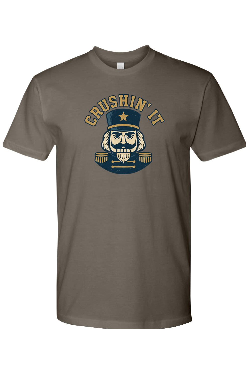 Gray Christmas t-shirt with "Crushin' It" text and a masculine nutcracker design funny holiday humor short sleeve shirt