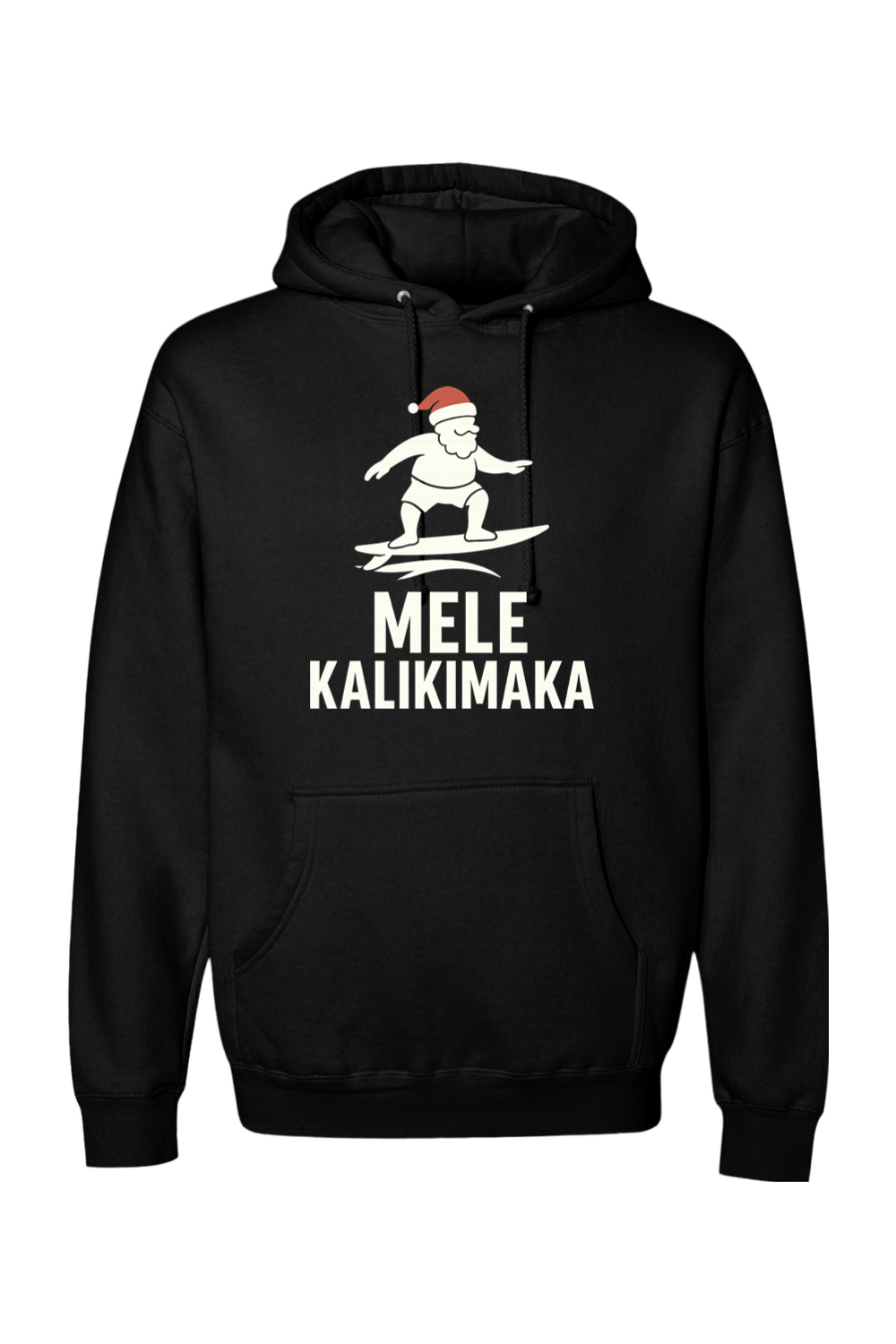 Black Christmas hoodie with Santa surfing and "Mele Kalikimaka" text funny Hawaiian Christmas surf holiday long sleeve hooded sweatshirt