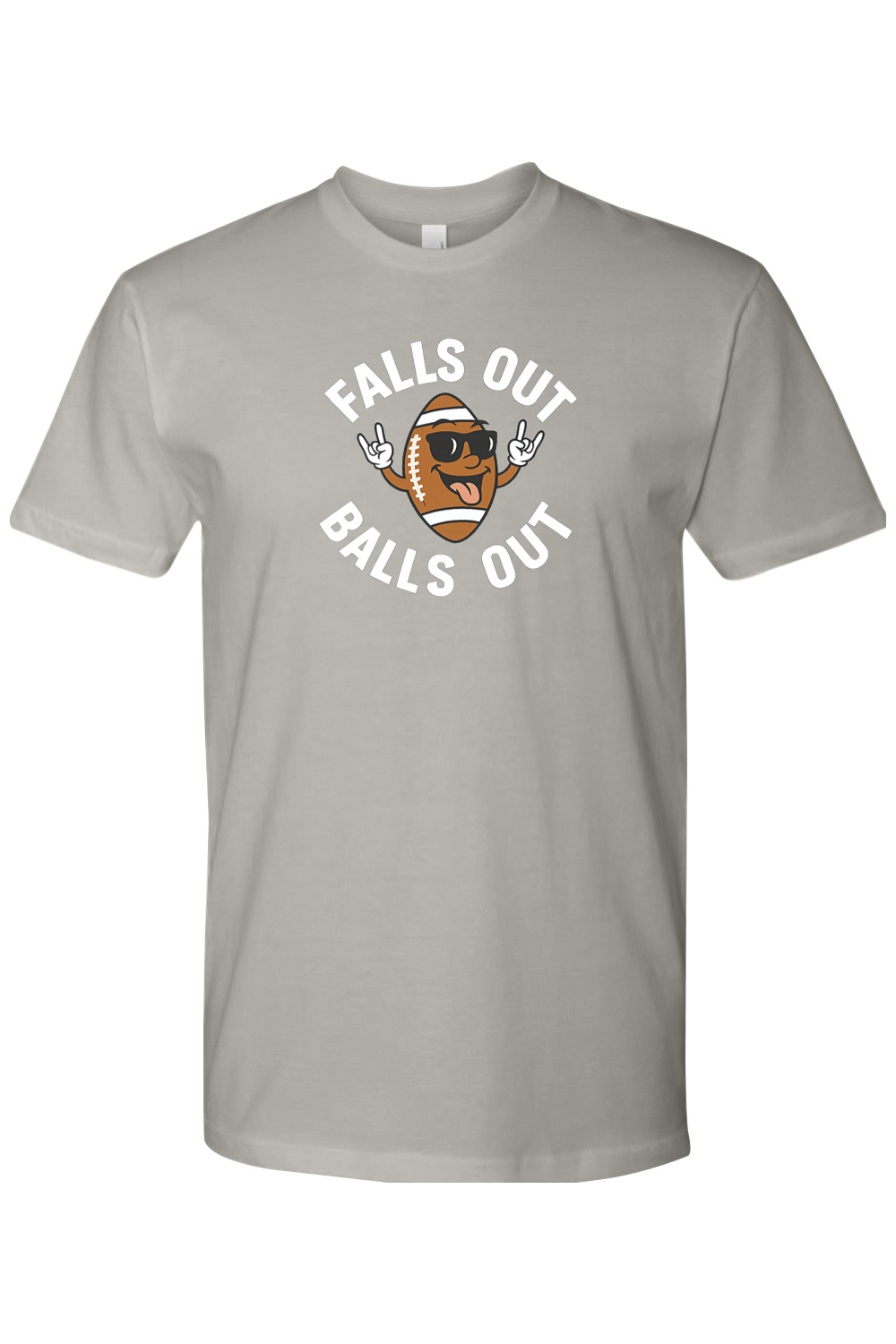 Gray grey Thanksgiving t-shirt with "Falls Out Balls Out" text in white with a football in sunglasses sticking out his tongue and hands in the rock pose design funny fall humor holiday short sleeve shirt