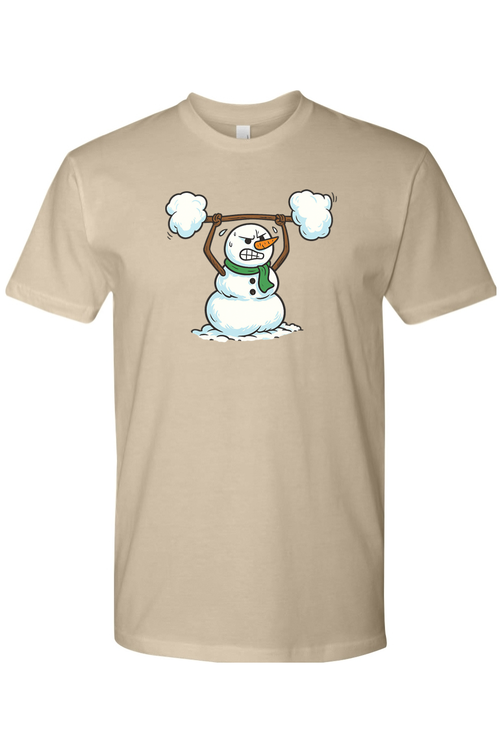 Dark beige Christmas t-shirt with a snowman lifting a snow barbell design funny gym humor winter holiday short sleeve shirt