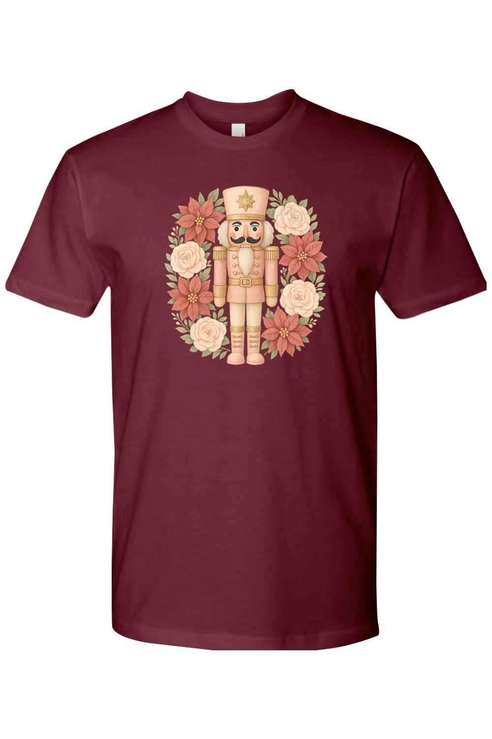 Maroon Christmas t-shirt with a poinsettia nutcracker wreath design trendy cute holiday short sleeve shirt