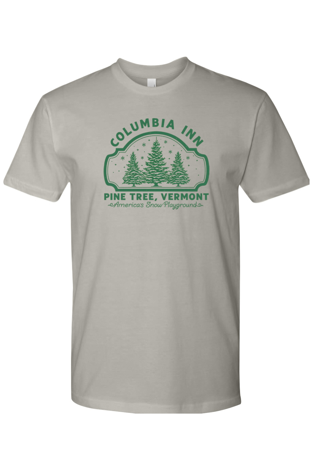 Gray Christmas t-shirt with "Columbia Inn Pine Tree, Vermont America's Snow Playground" text in green with a pine tree snow design trendy festive holiday short sleeve shirt