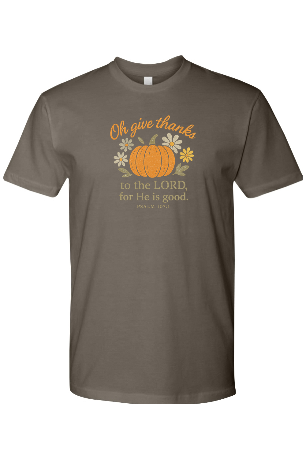 Gray grey Thanksgiving t-shirt with "Oh give thanks to the Lord, for He is good" Psalm 107:1 text with pumpkin and flower design cute trendy Jesus Christian fall short sleeve shirt