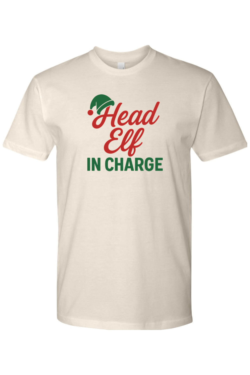 Cream Christmas t-shirt with "Head Elf in Charge" text with an elf hat sitting on top of the H funny sarcastic holiday humor short sleeve shirt